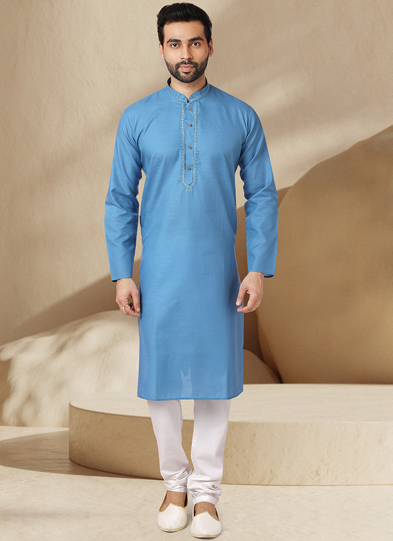 Light Blue Handloom Cotton Kurta Pyjama