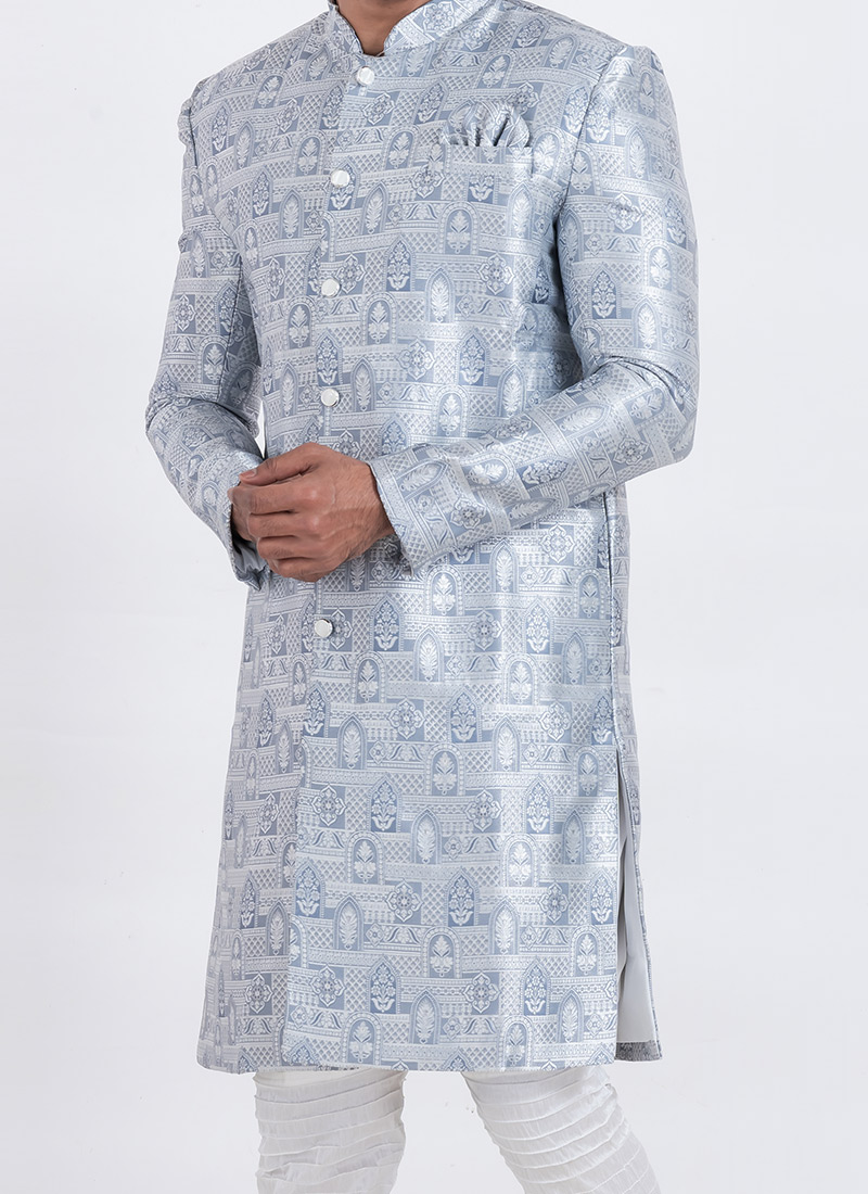 Blue Silk Sherwani with Pant & Red Stole