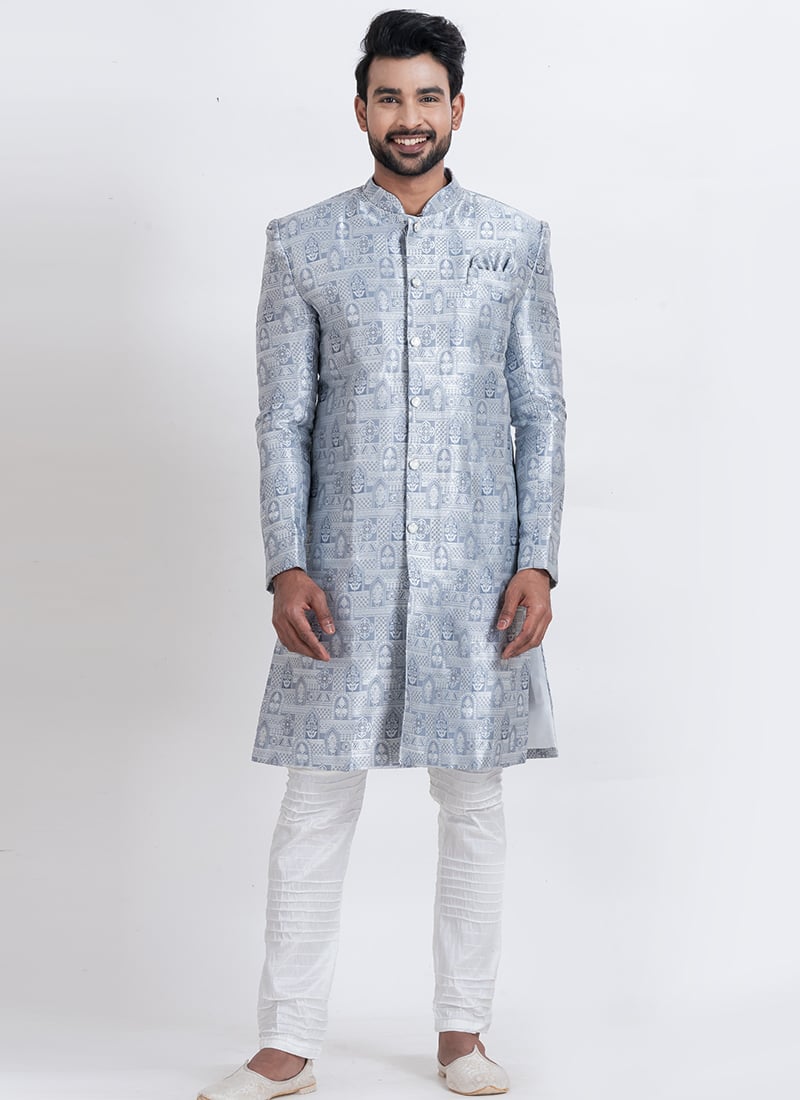 Light Blue Jacquard Silk Classic Sherwani Wedding Wear