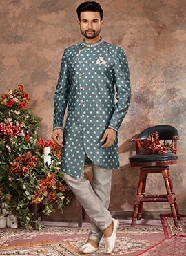 Light Blue Jacquard Silk Digital Printed Indowestern Sherwani