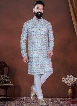 Light Blue Jacquard Silk Printed Kurta Pyjama