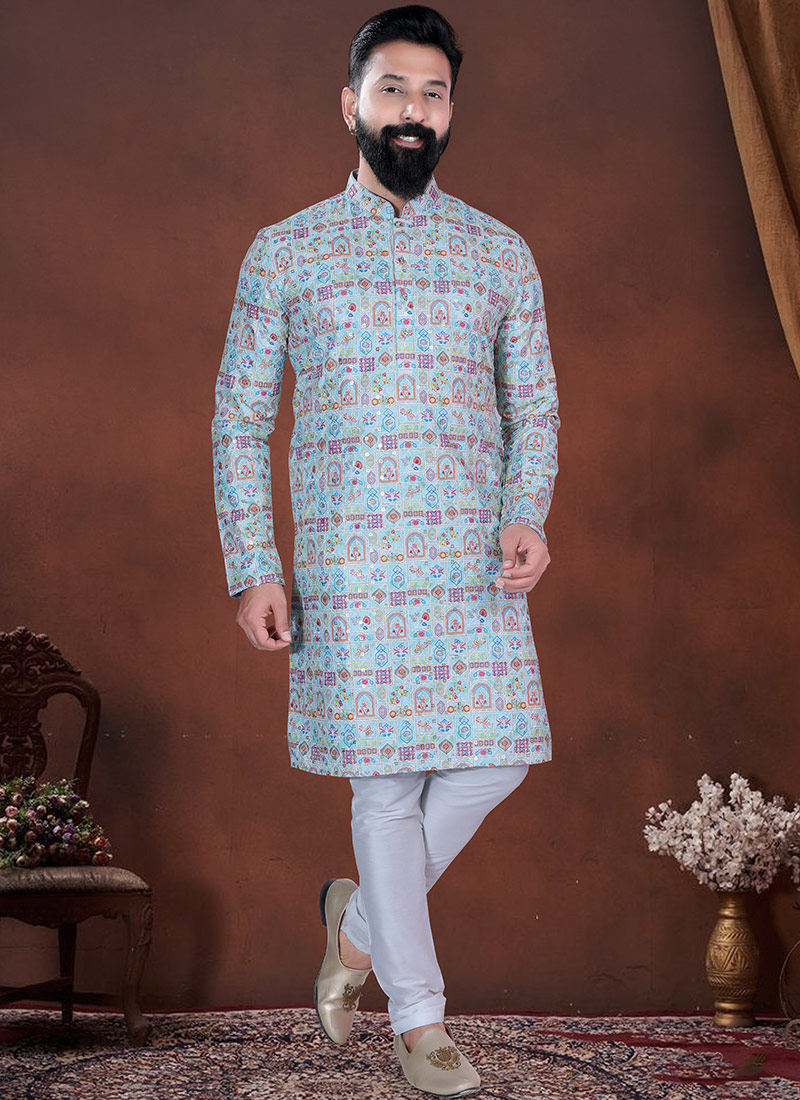 Light Blue Jacquard Silk Printed Kurta Pyjama Festive Wear