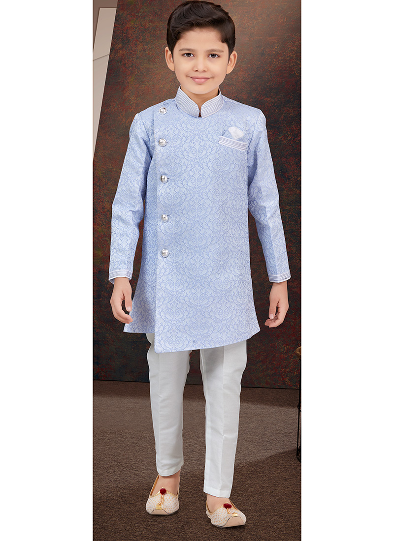 Light Blue Jacquard Thread Work Kids Boys Indowestern Sherwani  Wedding Wear