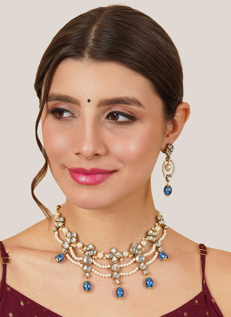 Light Blue Kundan And Moti Necklace Festive Wear
