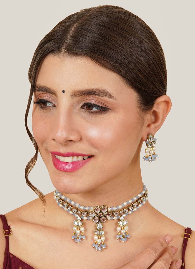 Light Blue Kundan With Beads And Mothi Work Choker Festive Wear