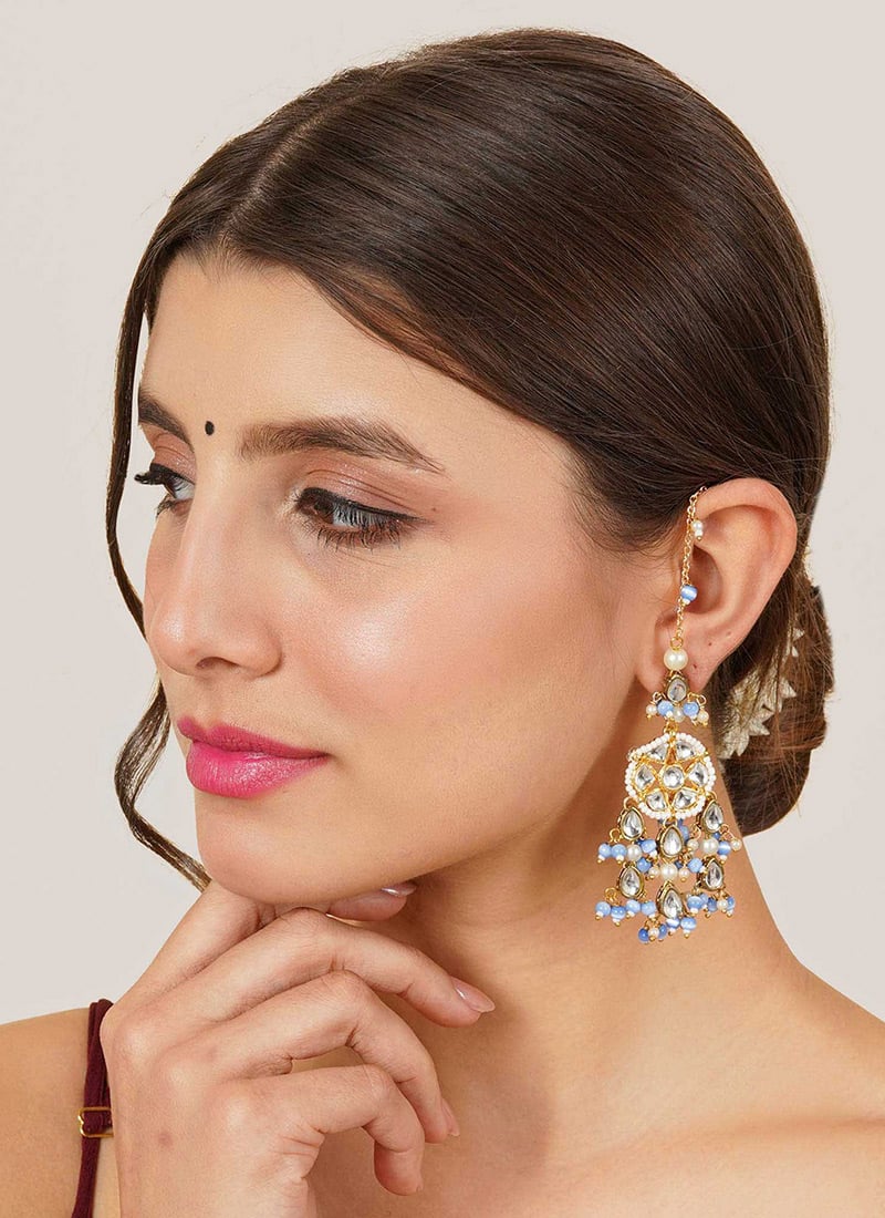 Light Blue Kundan With Moti And Beads Danglers