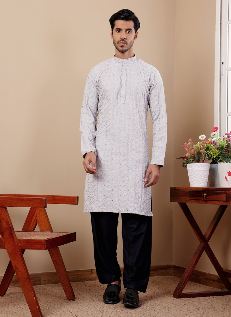 Light Blue Linen Embroidered Kurta