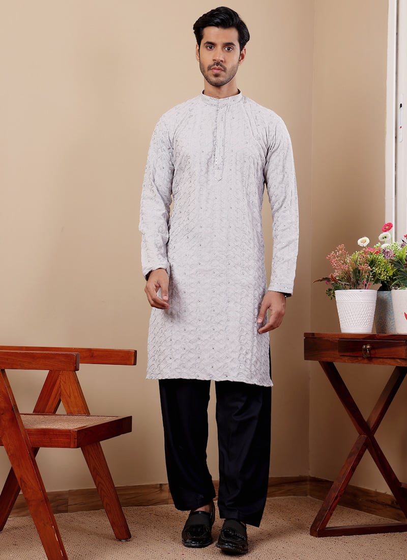 Light Blue Linen Embroidered Kurta Pyjama Festive Wear