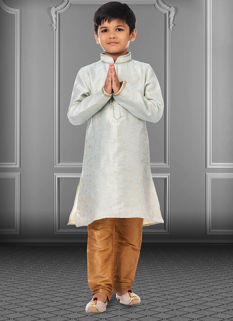 Light Blue Linen Silk Boys Kurta Pyjama Party Wear