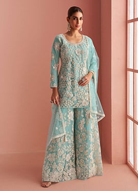 Light Blue Net Embroidered Sequins Beads Work Palazzo Suit