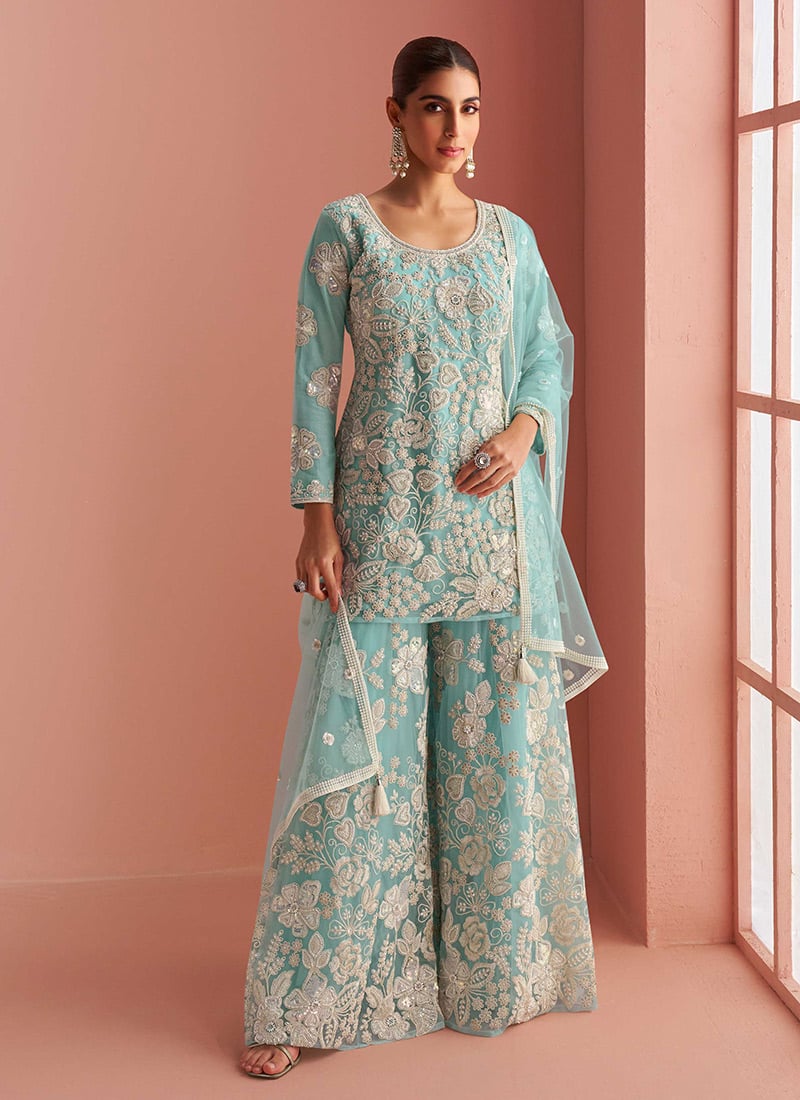 Light Blue Net Embroidered Sequins Beads Work Palazzo Suit Festive Wear