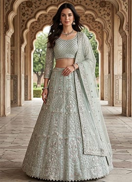 Light Blue Net Embroidery Sequins Lehenga