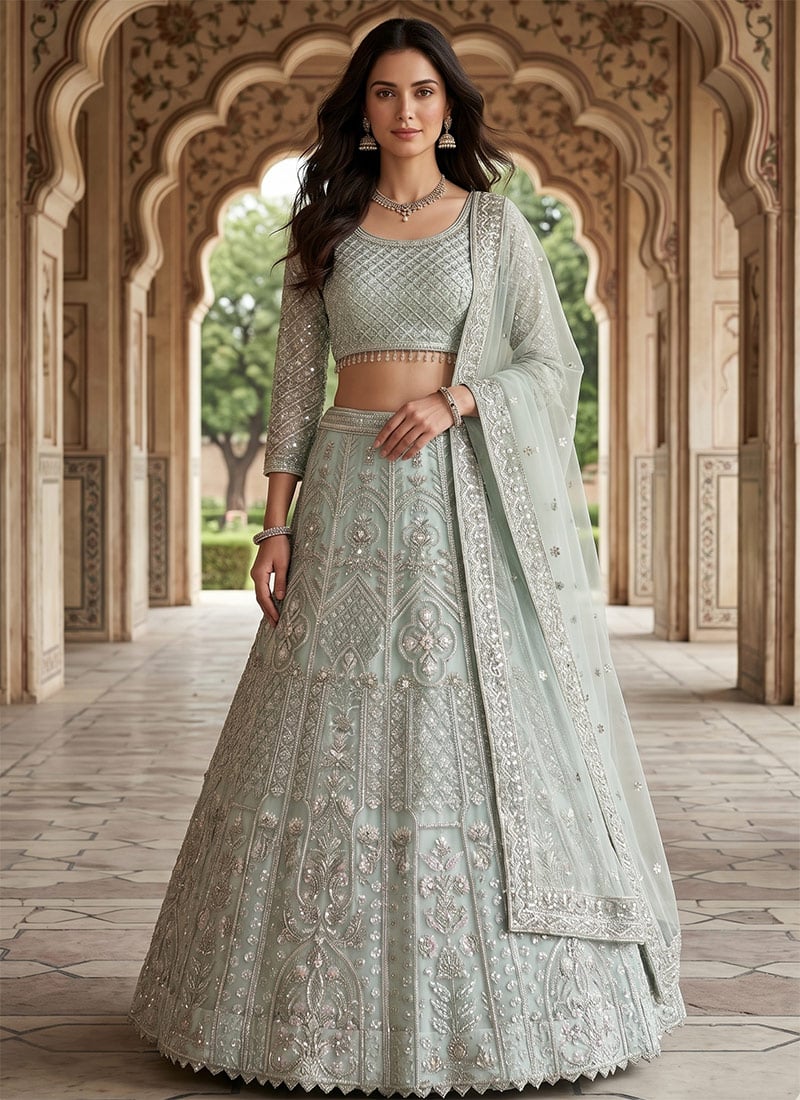 Light Blue Net Embroidery Sequins Lehenga Wedding Wear