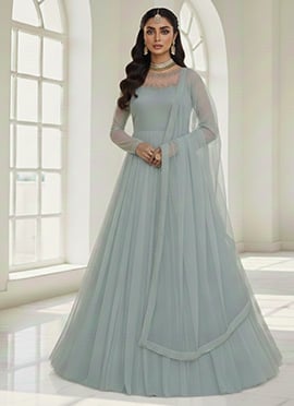 Light Blue Net Sequins Stones Anarkali Suit