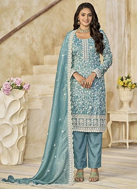 Light Blue Organza Embroidered Sequins Straight Pant Suit Festive Wear