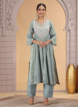 Light Blue Organza Shimmer Hand Embroidered Kurta Straight Pant Set Festive Wear