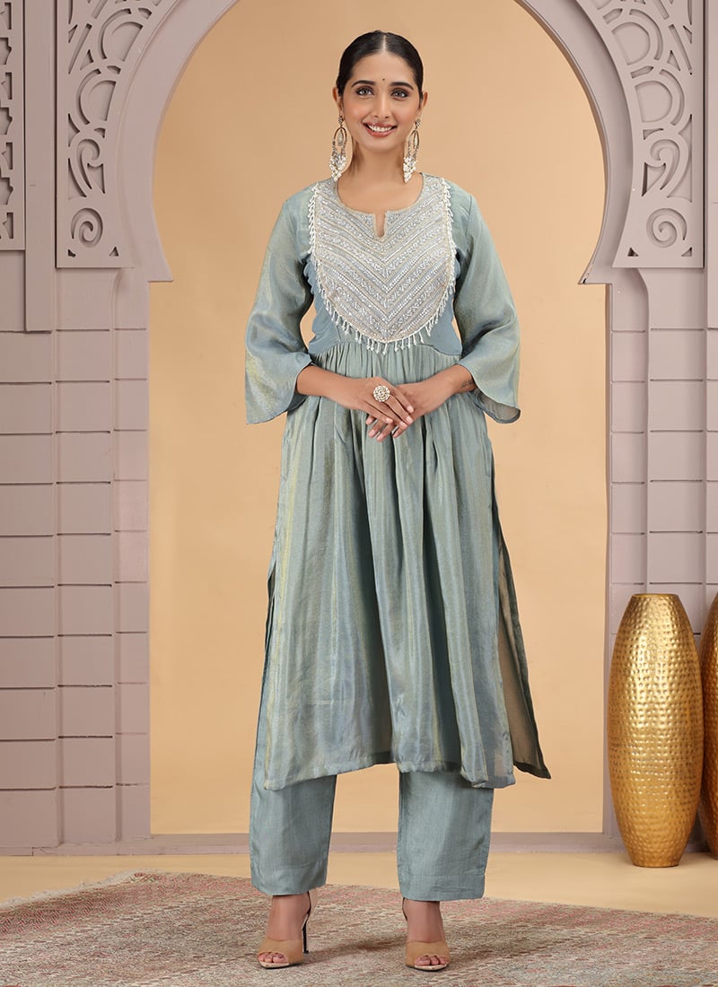 Light Blue Organza Shimmer Hand Embroidered Kurta Straight Pant Set Festive Wear