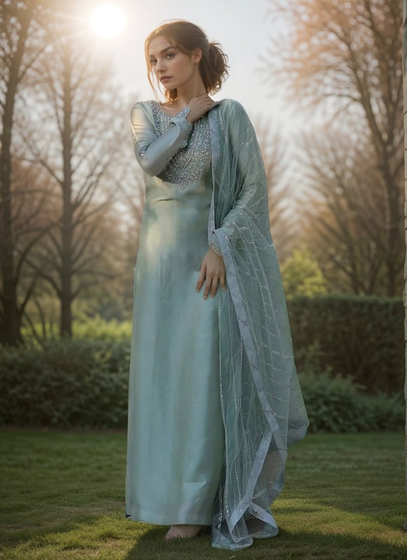 Light Blue Organza Thread Hand Embroidered Stones Straight Pant Suit Festive Wear
