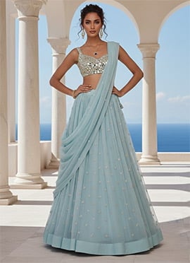 Light Blue Organza Zari Hand Embroidered  Mirror Work Lehenga