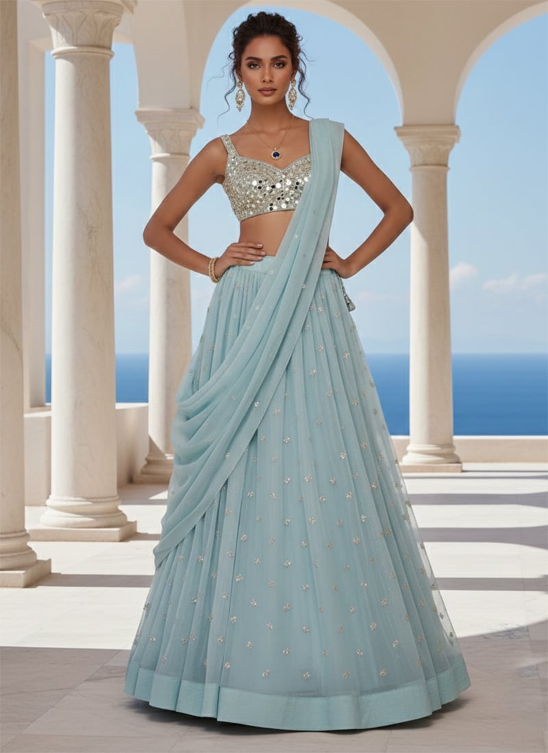 Light Blue Organza Zari Hand Embroidered  Mirror Work Lehenga Wedding Wear