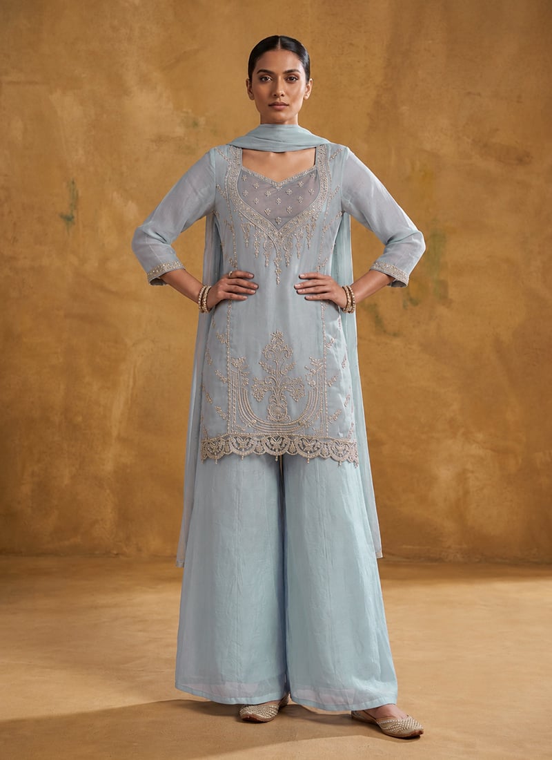 Light Blue Organza Zari Sequins Embroidered Palazzo Suit Festive Wear