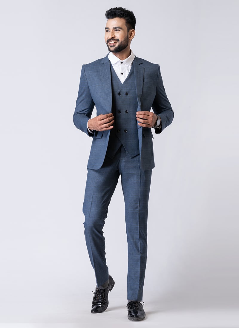 Light Blue Polyester Tuxedo Suit Wedding Wear
