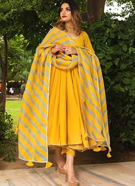 Yellow Pure Cotton Simple Anarkali Suit