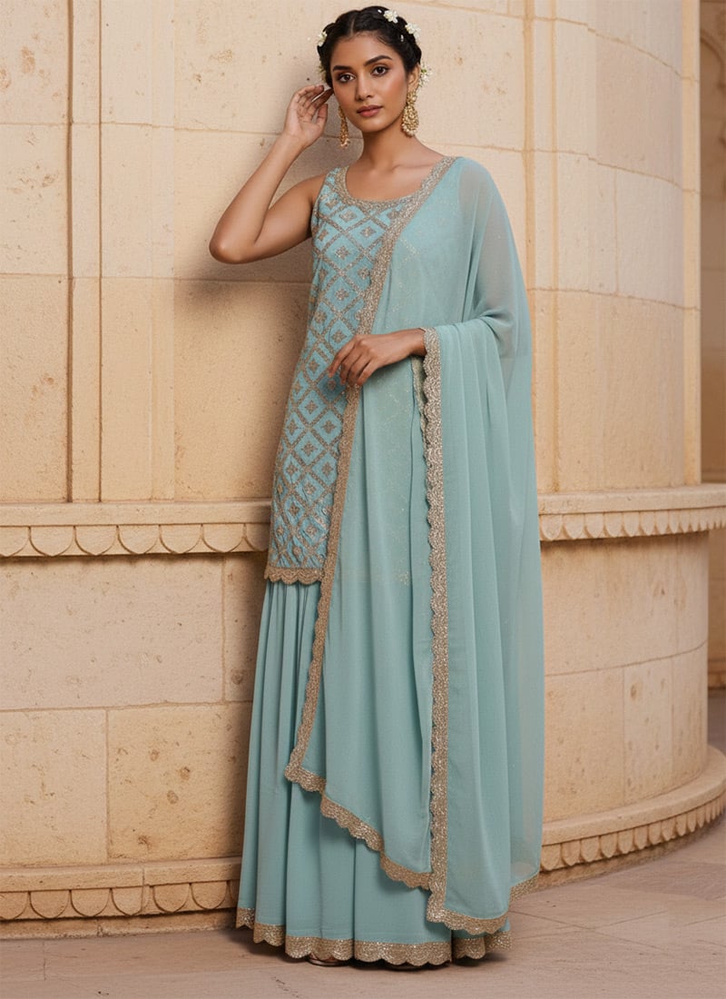 Light Blue Rangoli Georgette Zari Sequins Sharara Suit Festive Wear