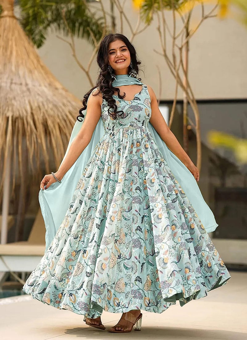 Light Blue Rayon Digital Print Anarkali Suit After Six Wear