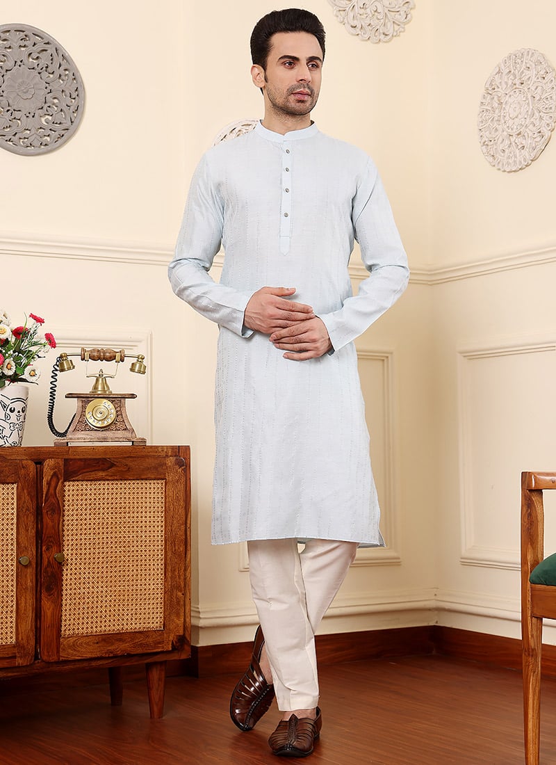 Light Blue Rayon Silk Embroidered Kurta Pyjama Festive Wear