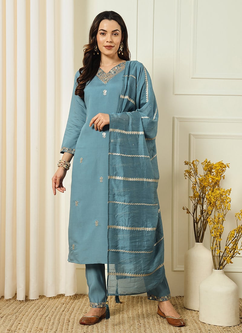 Light Blue Roman Silk Embroidered Straight Pant Suit Festive Wear