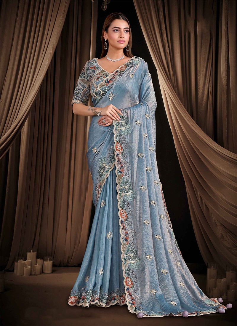 Light Blue Satin Silk Sequins Beads Hand Embroidered Stones Saree Wedding Wear
