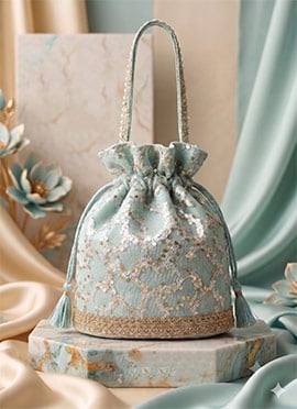 Light Blue Sequins Embroidered Net Potli Bag