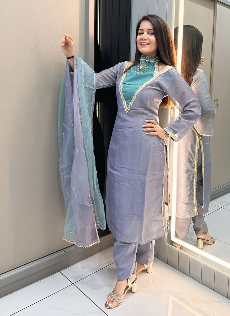 Light Blue Shimmer Silk Beads Hand Embroidered Cutdana Straight Pant Suit Festive Wear