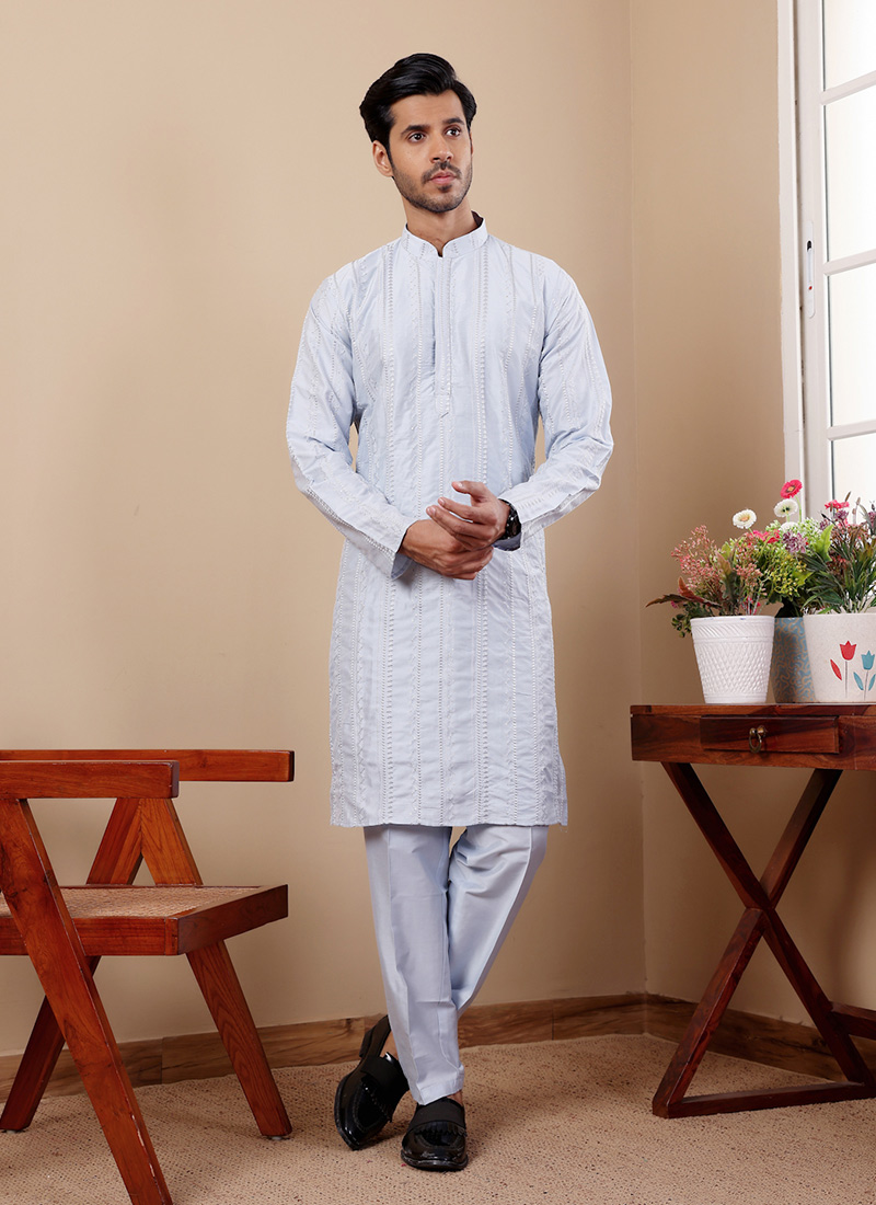Light Blue Silk Embroidered Kurta Pyjama Festive Wear