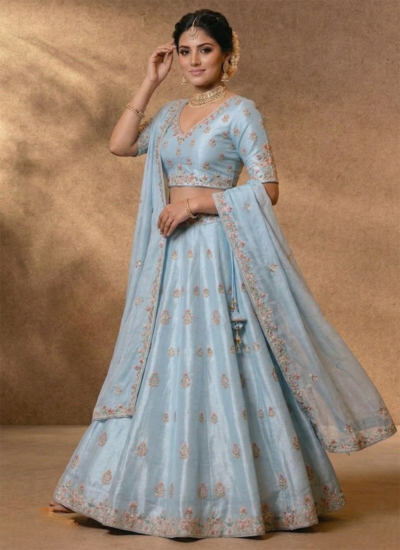 Light Blue Silk Embroidered Regal Lehenga Wedding Wear
