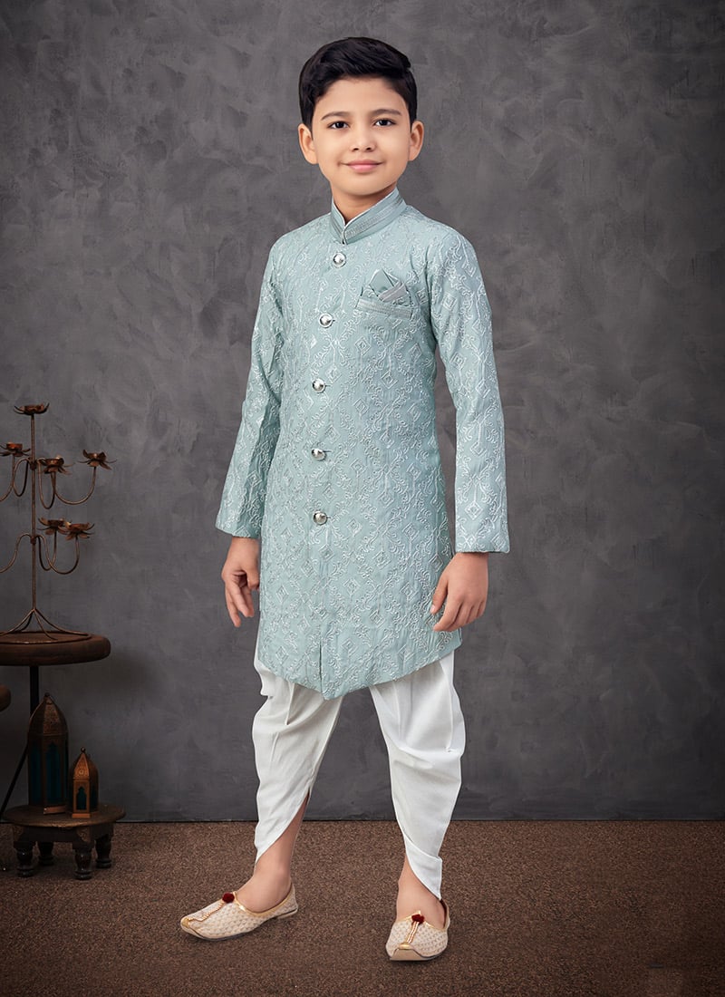 Light Blue Silk Embroidered Sequins Boys Indowestern Sherwani With Dhoti  Wedding Wear