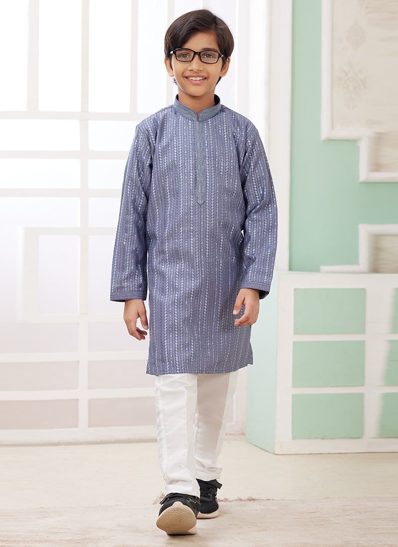 Light Blue Silk Embroidered Sequins Kids Boys Kurta Pyjama