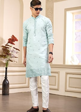 Light Blue Silk Embroidered Sequins Kurta Pyjama