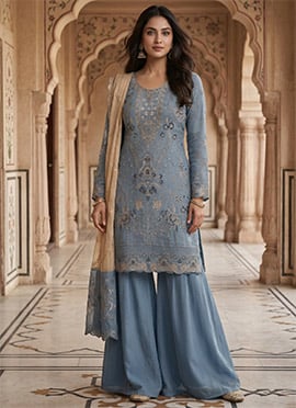 Light Blue Silk Embroidered Sequins With Khatli Work Sharara Suit