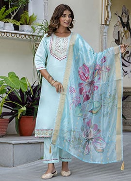 Light Blue Silk Embroidered Straight Pant Suit With Digital Print Dupatta