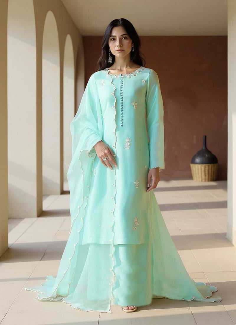 Light Blue Silk Hand Embroidered Sequins With Moti Work Pakistani Palazzo Suit