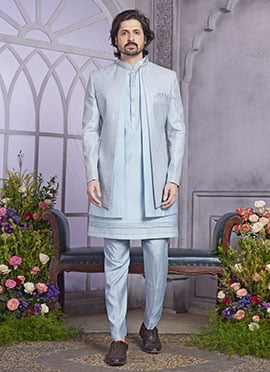 Light Blue Silk Hand Work Embroidered Sequins Jacket Style Indowestern Sherwani