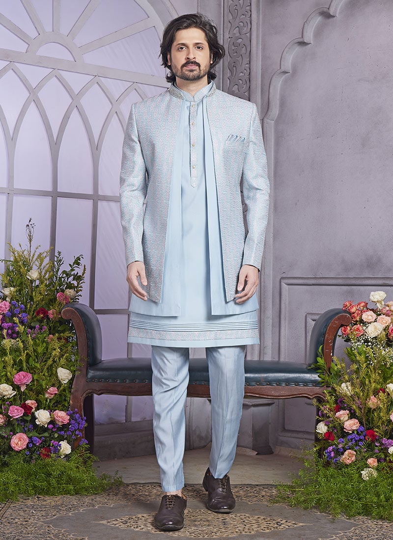 Light Blue Silk Hand Work Embroidered Sequins Jacket Style Indowestern Sherwani Wedding Wear