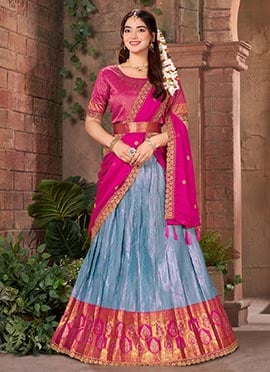 Light Blue Silk Jacquard Zari Embroidered Sequins With Stone Work Lehenga