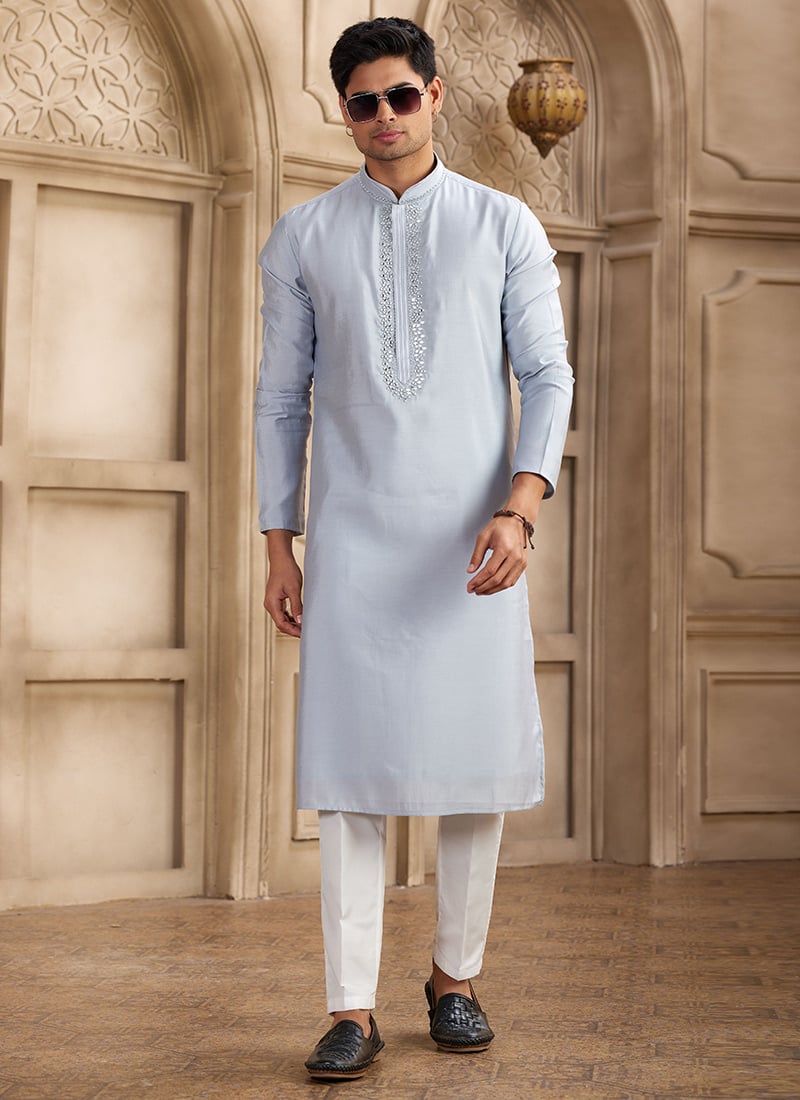 Light Blue Silk Kurta Pyjama For Men Festive Wear