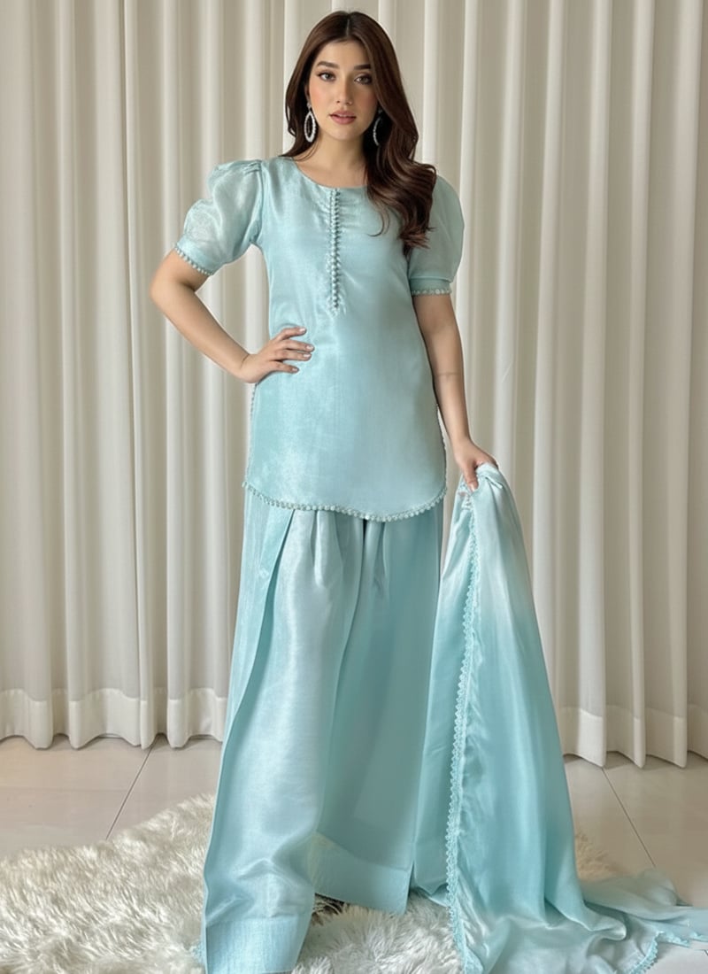 Light Blue Silk Palazzo Suit After Six Wear