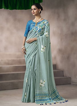 Light Blue Silk Printed Embroidered Saree