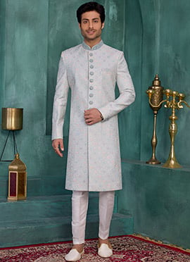Light Blue Silk Sequins Embroidered Indowestern Sherwani