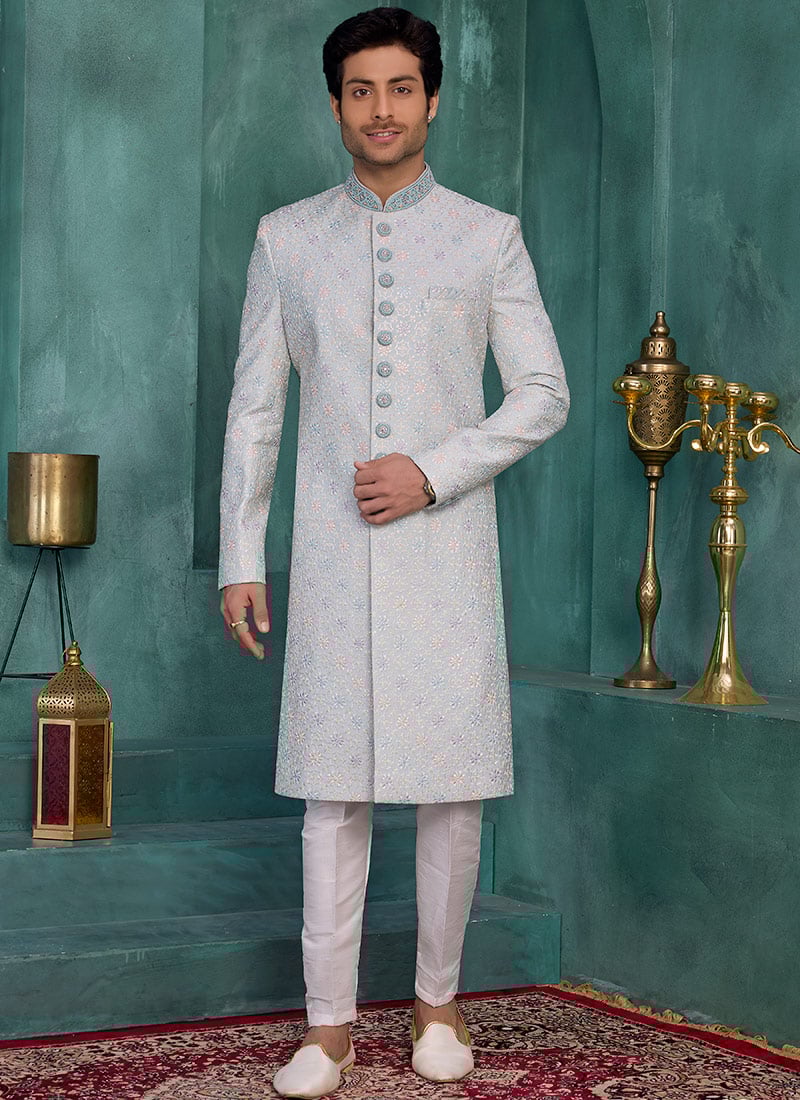 Light Blue Silk Sequins Embroidered Indowestern Sherwani Wedding Wear
